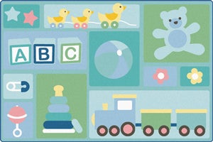 Toddler Area Rug with learning alphabet blocks, trains, and teddy bear